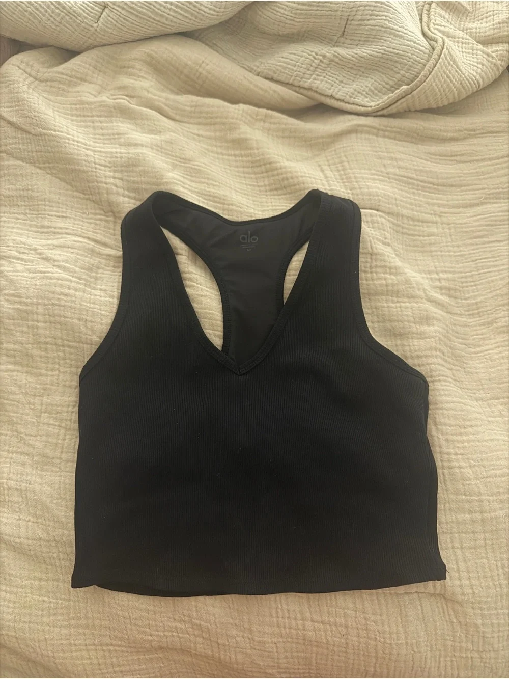 ALO Yoga Black Ribbed Racerback Crop Top with built in bra